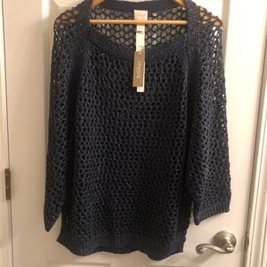 Chico’s Open Stitch Jessica Pullover Sweater 3/4 Sleeve Size 2 Twilight Blue